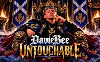 DavieBee on a throne surrounded by Scottish saltire banners, promoting his debut single Untouchable
