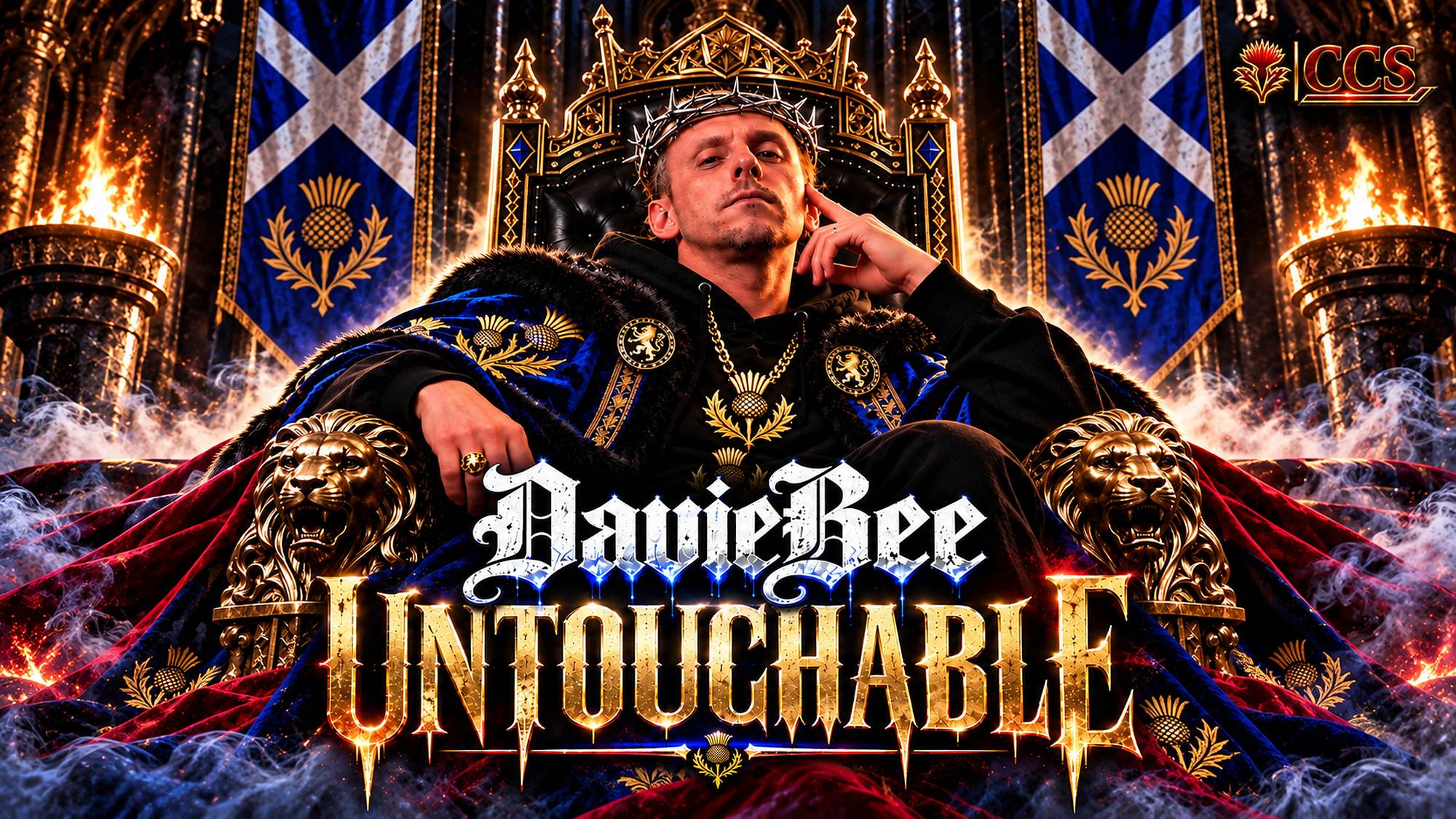 DavieBee on a throne surrounded by Scottish saltire banners, promoting his debut single Untouchable